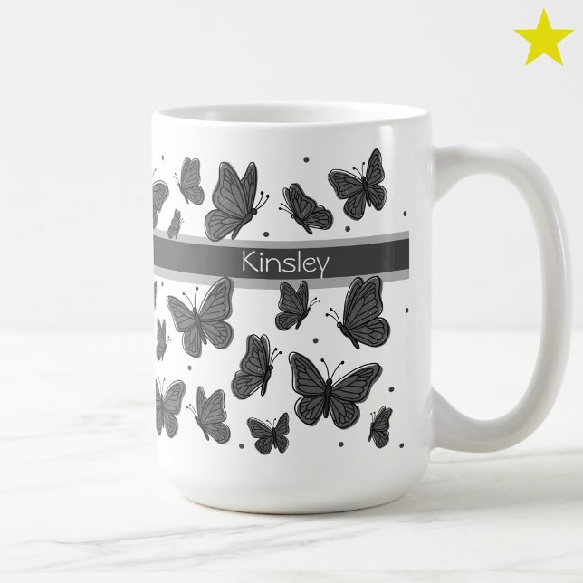 Black Gray Butterflies & Dots Custom Name Monogram Coffee Mug (Creator Uploaded)