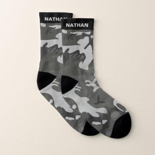 Black Gray Camouflage Personalized Name Socks