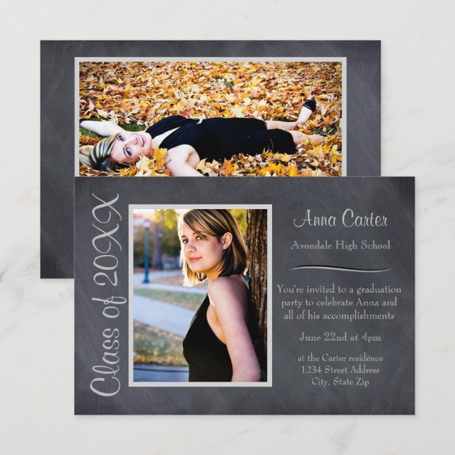 Black/Gray Chalkboard - 3x5Graduation Announcement (Front/Back)