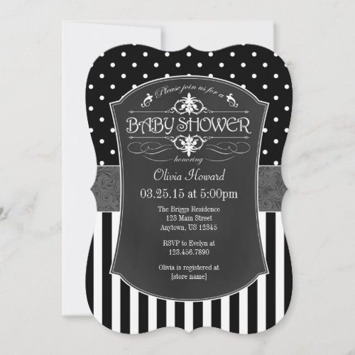 Black Gray Chalkboard Stripes Baby Shower Invite