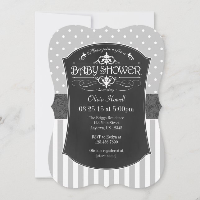 Black Gray Chalkboard Stripes Baby Shower Invite (Front)