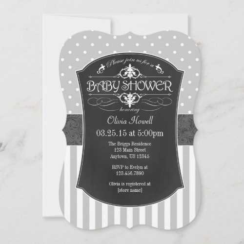 Black Gray Chalkboard Stripes Baby Shower Invite