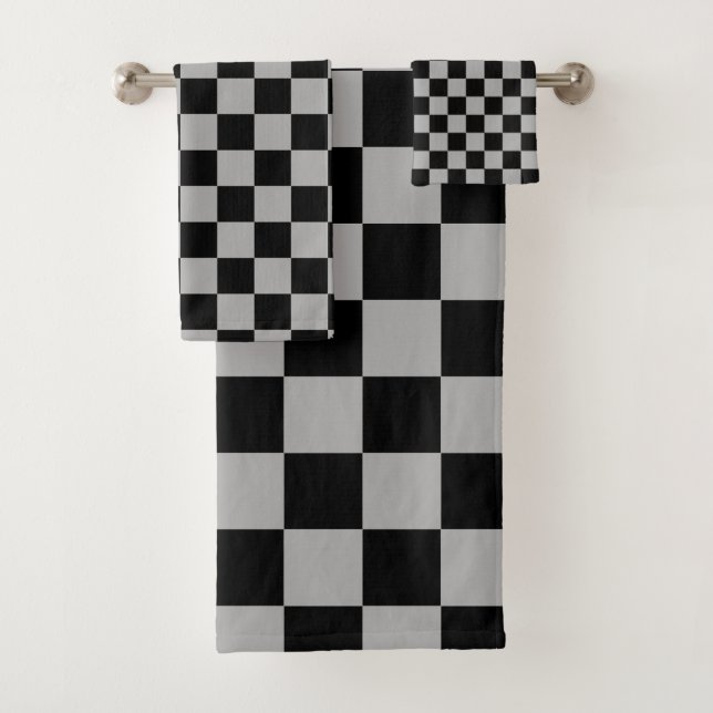 Black + Gray Check Checkered Checkerboard Pattern Bath Towel Set (Insitu)