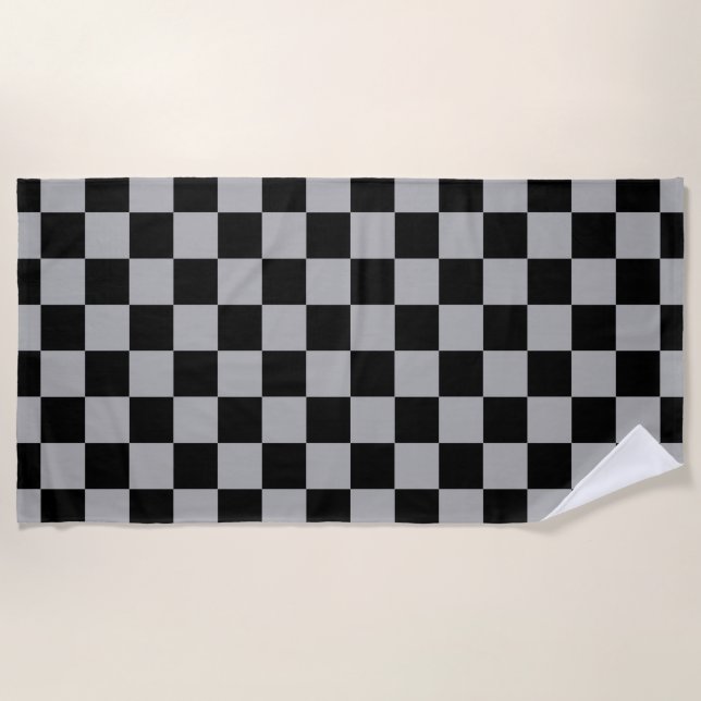 Black + Gray Check Checkered Checkerboard Pattern Beach Towel (Front)