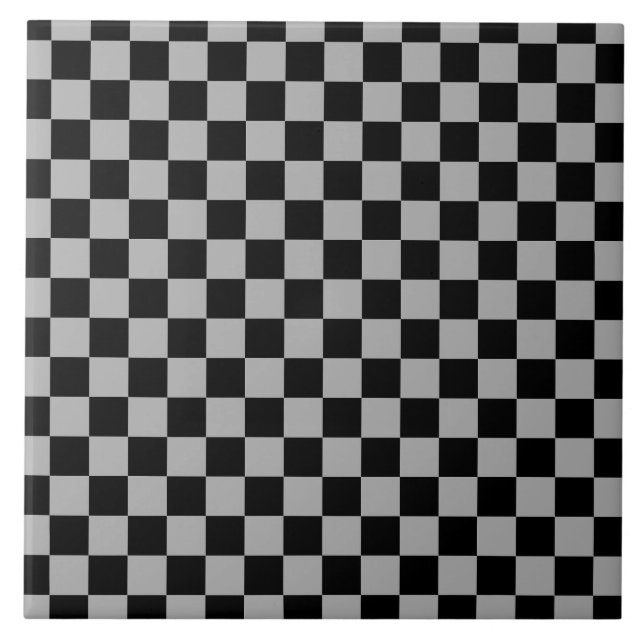 Black + Gray Check Checkered Checkerboard Pattern Ceramic Tile (Front)