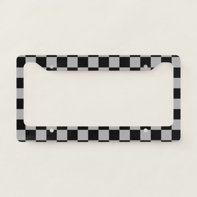 Black + Gray Check Checkered Checkerboard Pattern License Plate Frame (Front)