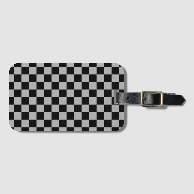 Black + Gray Check Checkered Checkerboard Pattern Luggage Tag (Front Horizontal)