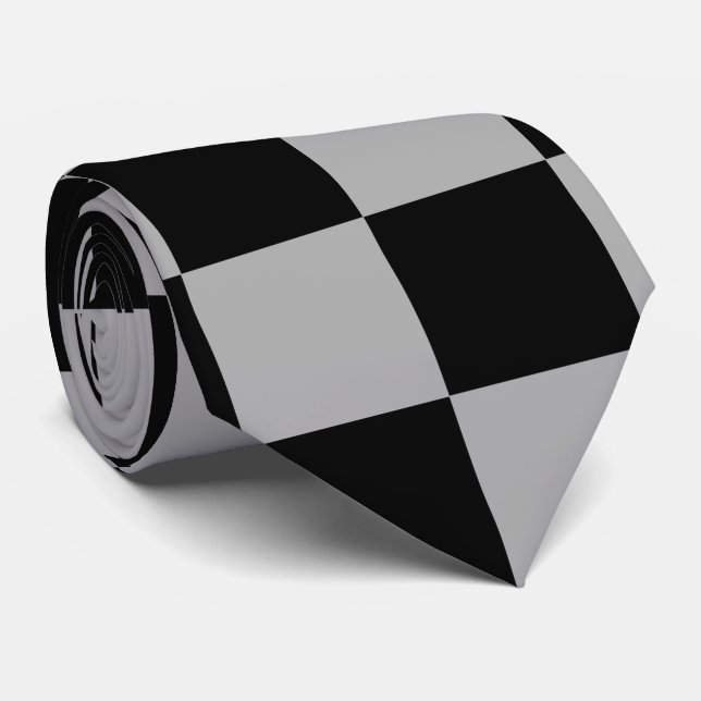 Black + Gray Check Checkered Checkerboard Pattern Neck Tie (Rolled)