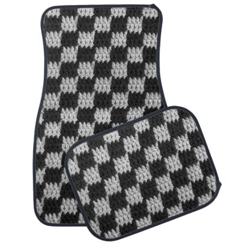Black Gray Checkered Artisan Crochet Print Set Car Floor Mat