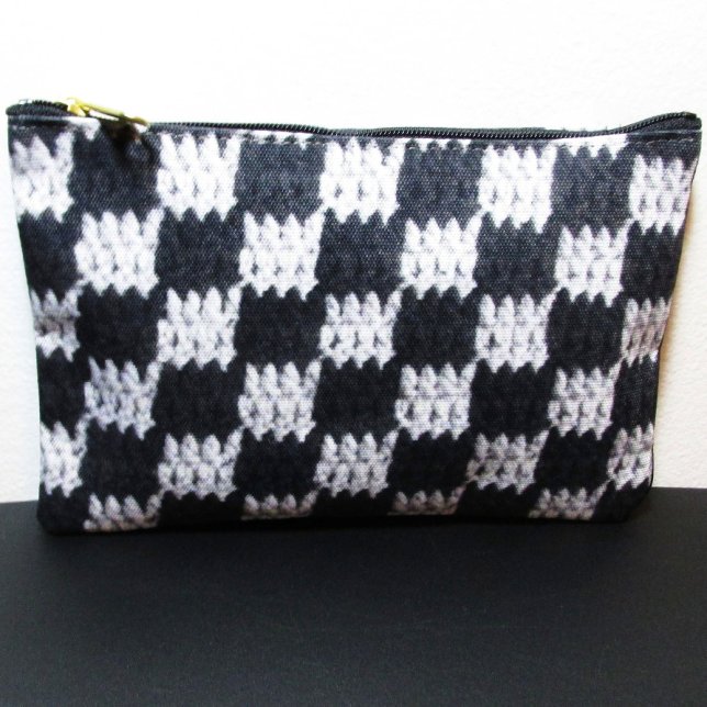 Black Gray Checkered Pattern Artisan Crochet Print Accessory Pouch (Creator Uploaded)