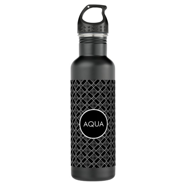 Black & Gray Checkered Stainless Steel Water Bottle (Front)