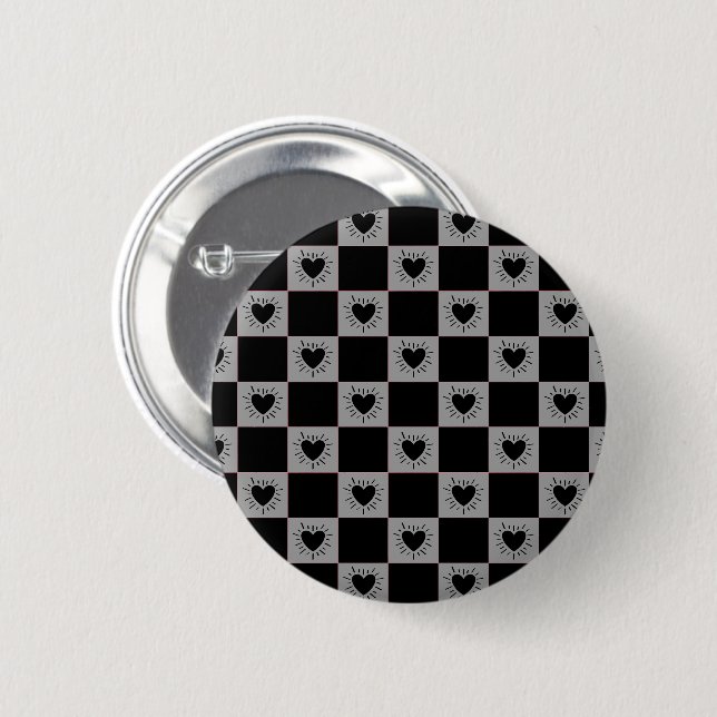 Black&Gray Checkered Tile With Hearts Pattern Button (Front & Back)