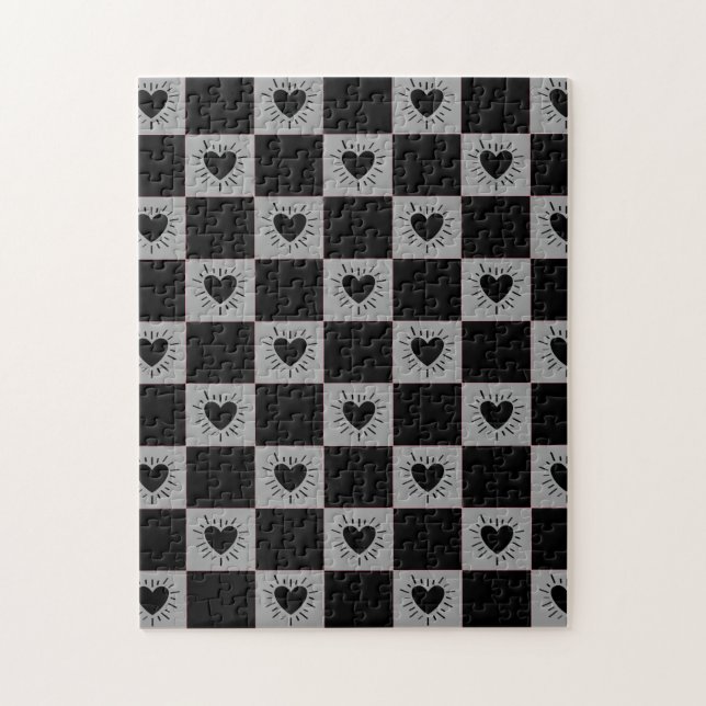 Black&Gray Checkered Tile With Hearts Pattern Jigsaw Puzzle (Vertical)