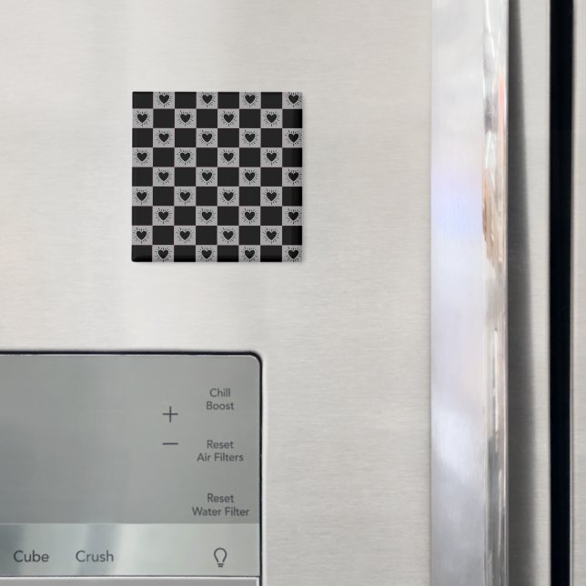 Black&Gray Checkered Tile With Hearts Pattern Magnet (In Situ (Fridge))