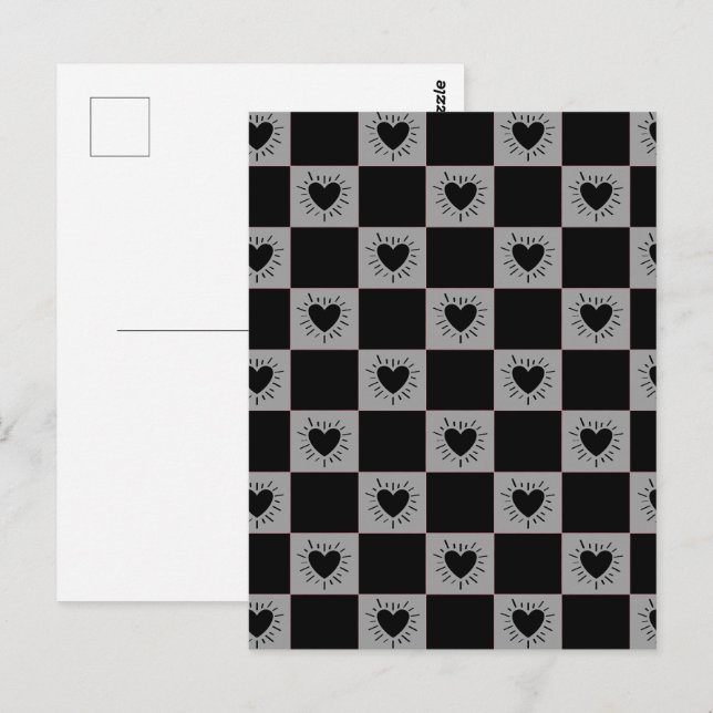 Black&Gray Checkered Tile With Hearts Pattern Postcard (Front/Back)