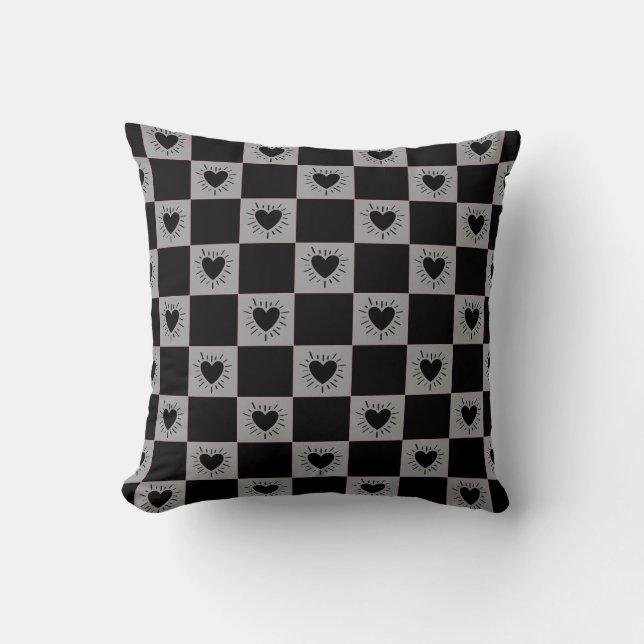 Black&Gray Checkered Tile With Hearts Pattern Throw Pillow (Front)