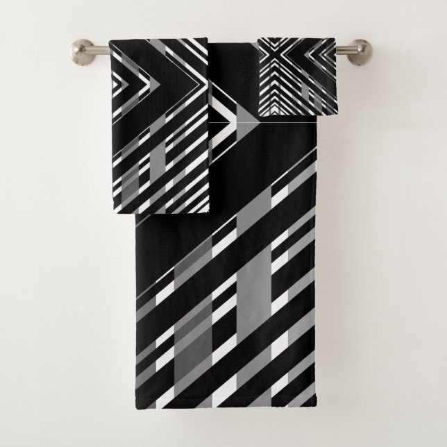 Black Gray Chevron Barcode Striped Bath Towel Set (Insitu)