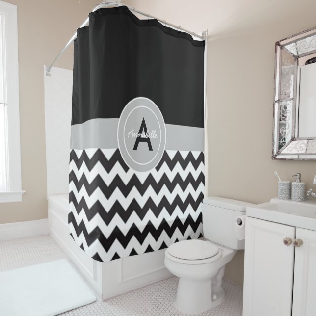 Black Gray Chevron Shower Curtain (In Situ)