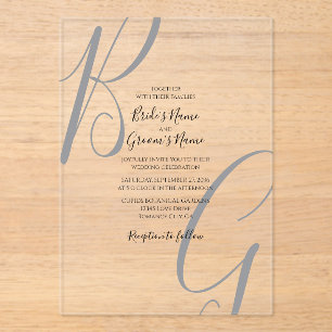 Black Gray Clear Monogram Initials Wedding Acrylic Invitations
