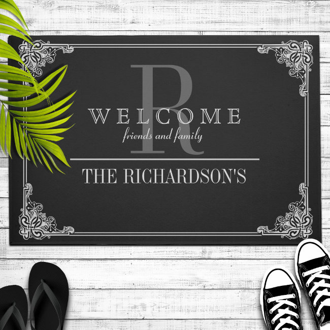 Black|Gray Corner Flourish Frame Custom Monogram Doormat