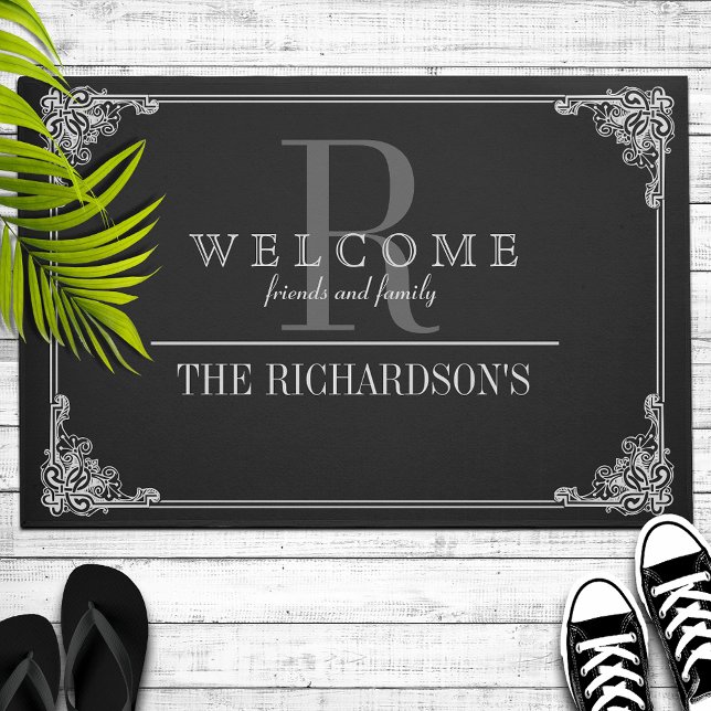 Black|Gray Corner Flourish Frame Custom Monogram Doormat (Creator Uploaded)