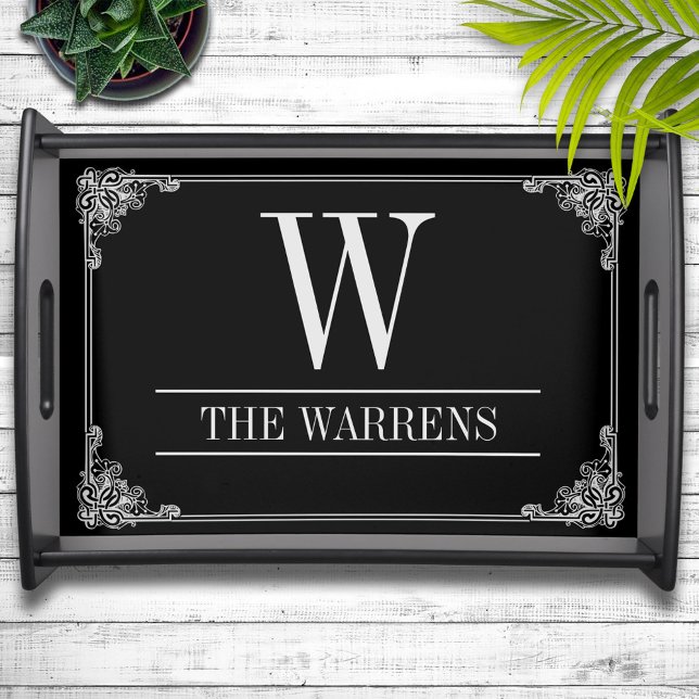 Black|Gray Corner Flourish Frame Custom Monogram Serving Tray (Creator Uploaded)