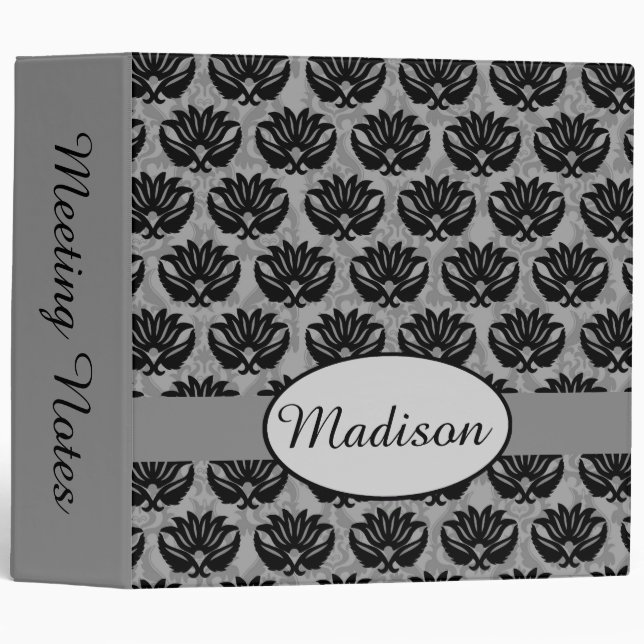 Black Gray Damask Art Name Personalized Album Binder (Front/Spine)