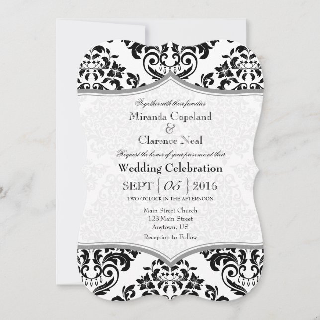 Black Gray Damask Bracket Wedding Invite (Front)