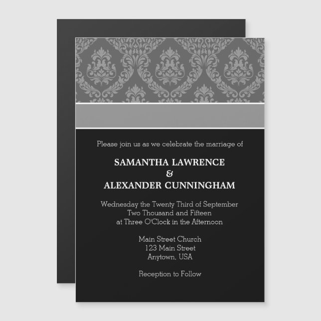 Black Gray Damask Magnetic Wedding Invitation (Front/Back)