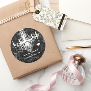 Black & Gray Damask Vintage Chandelier Wedding Classic Round Sticker