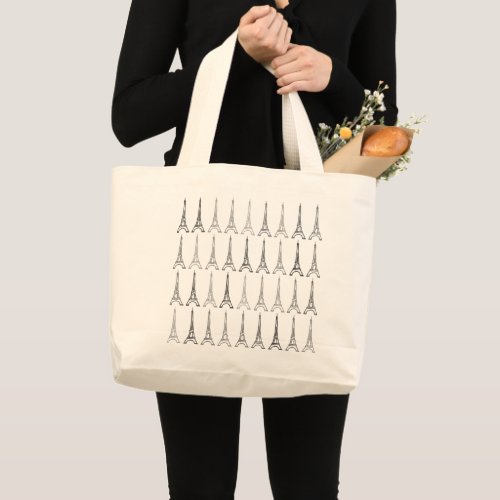 blackgray Eiffel Towers pattern Large Tote Bag