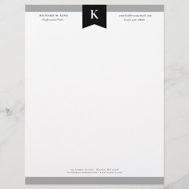 Black Gray Elegant Bold Monogram Contact Info Letterhead (Front)