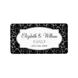 Black gray elegant damask border wedding favor tag