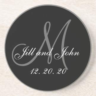 Black Gray Elegant Monogram Wedding Coaster