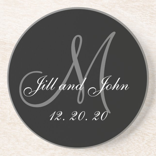 Black Gray Elegant Monogram Wedding Coaster (Front)
