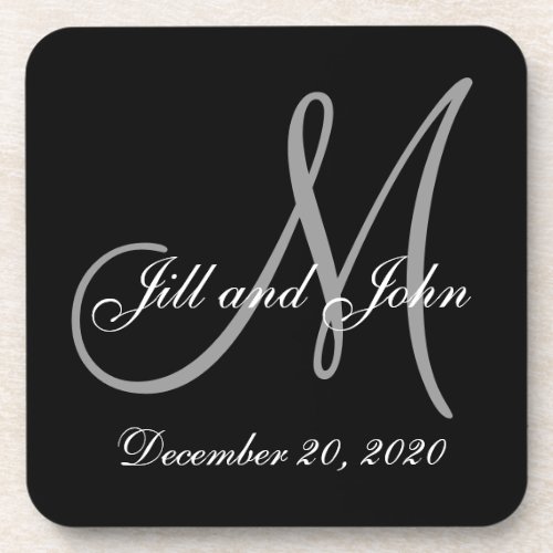 Black Gray Elegant Monogram Wedding Drink Coaster