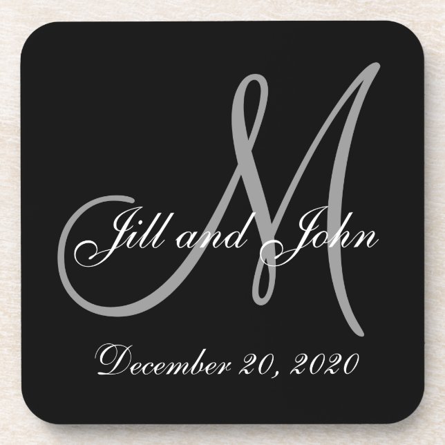 Black Gray Elegant Monogram Wedding Drink Coaster (Front)