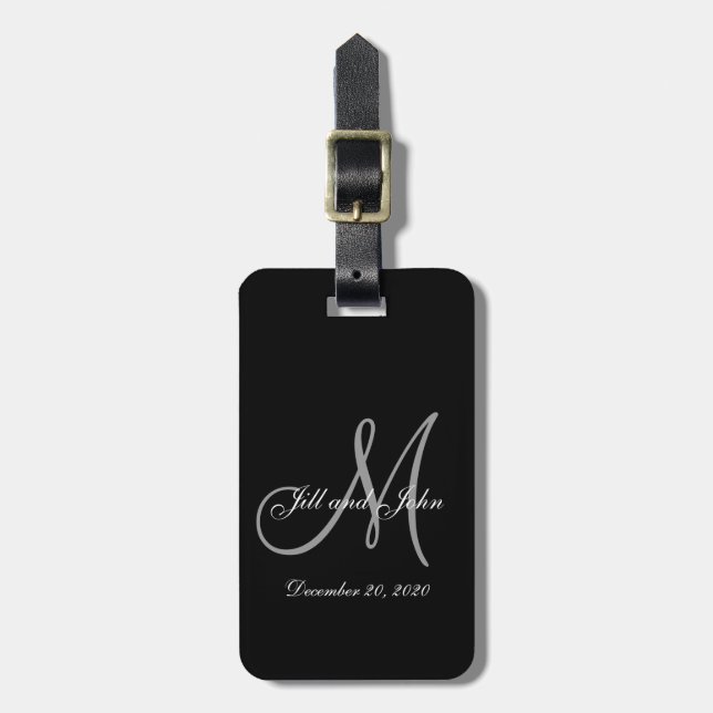 Black Gray Elegant Monogram Wedding Luggage Tag (Front Vertical)