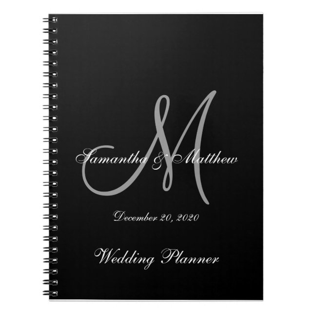 Black Gray Elegant Monogram Wedding Notebook (Front)