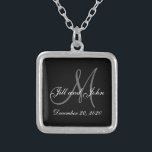 Black Gray Elegant Monogram Wedding Silver Plated Necklace<br><div class="desc">Elegant Monogram Wedding Necklace. Design by Elke Clarke © 2008 for MonogramGallery at Zazzle. Black and white with gray initial text overlay with bride and groom names and wedding date. Great wedding gift,  wedding keepsake or wedding favor.</div>