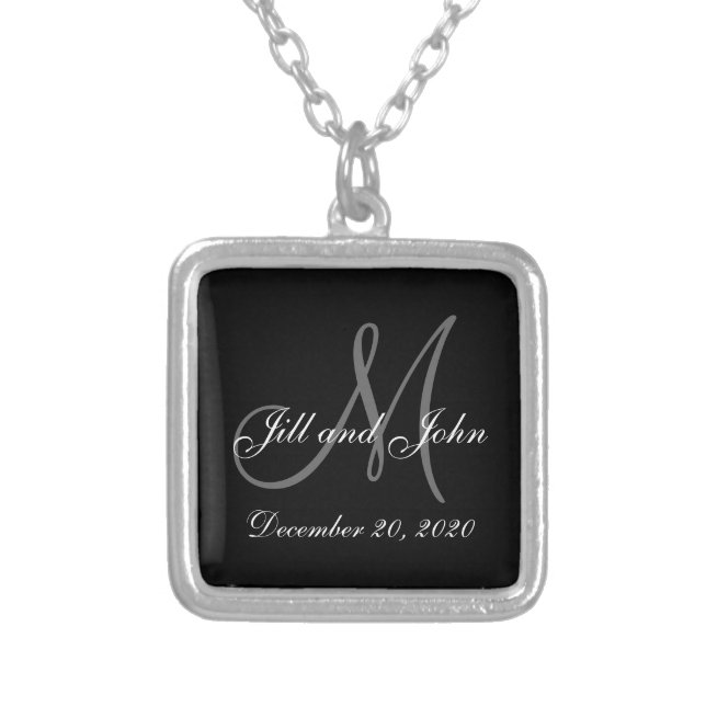 Black Gray Elegant Monogram Wedding Silver Plated Necklace (Front)