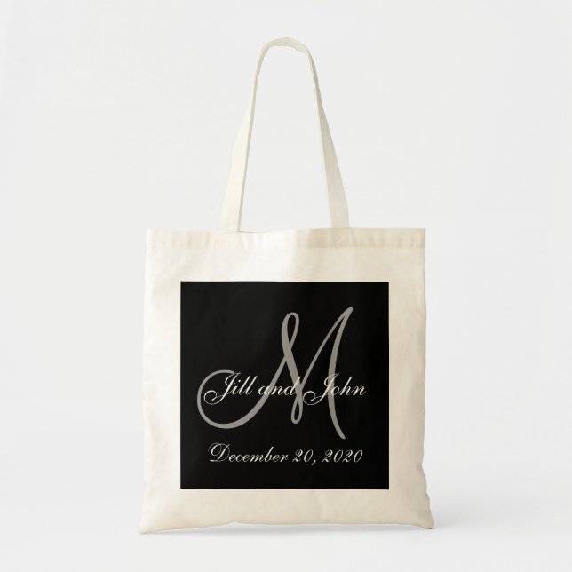 Black Gray Elegant Monogram Wedding Tote Bag (Front)