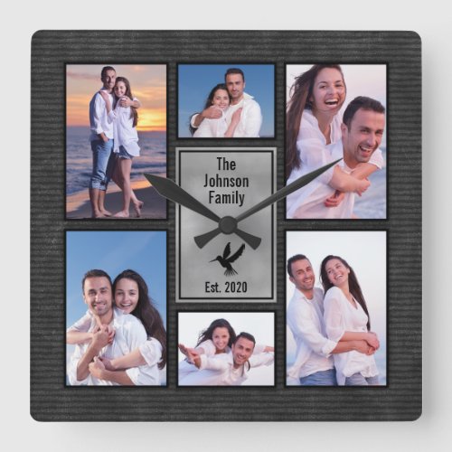 Black Gray Family 6 Photo Instagram Photo Collage Square Wall Clock