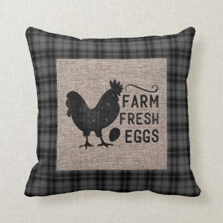 Black Gray Farm Fresh Eggs Chicken Burlap Throw Pillow