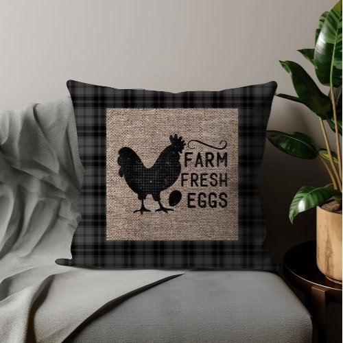 Black Gray Farm Fresh Eggs Chicken Burlap Throw Pillow