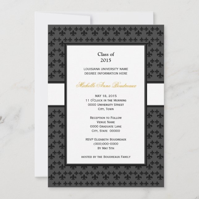 Black Gray Fleur de Lis Border Formal Graduation Invitation (Front)