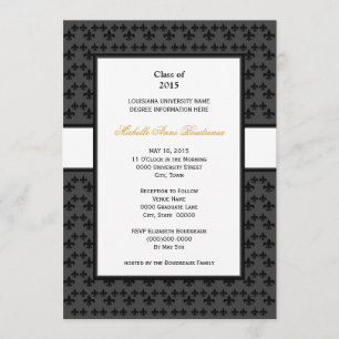 Black Gray Fleur de Lis Border Formal Graduation Invitation