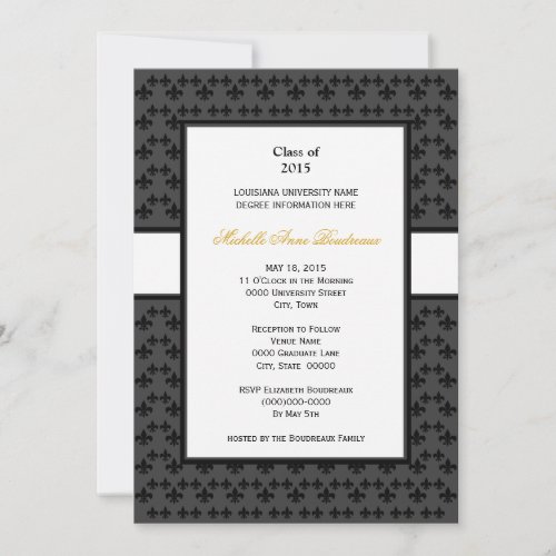 Black Gray Fleur de Lis Border Formal Graduation Invitations