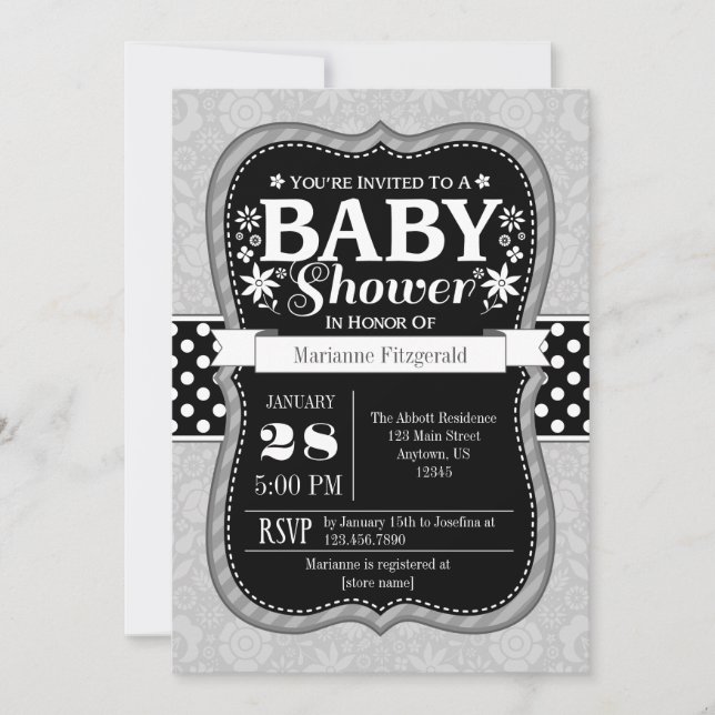 Black Gray Floral Flower Baby Shower Invitation (Front)