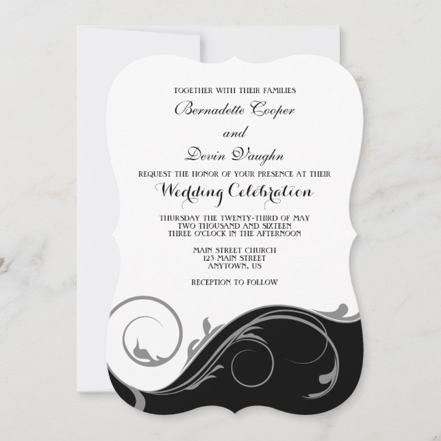 Black Gray Floral Swirl Bracket Wedding Invites (Front)
